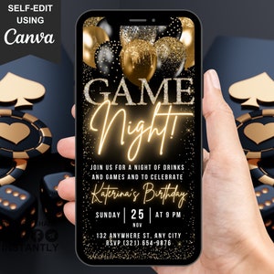 Digitale Spielnacht-Geburtstagseinladung, animierte Telefon-Textnachricht-E-Mail Evite, Schwarzgold-Neon-Thema einladen Für Sie & Ihn, bearbeitbare Ecard