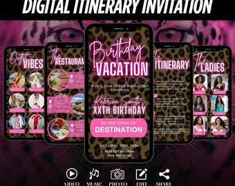 Digitale vakantie vakantieverjaardagsuitnodiging, geanimeerd reisschema, Pink Leopard Cheetah Print weekendschema reis Evite, plannersjabloon