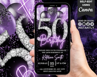 Invitación digital para 50 cumpleaños, video de invitación para mujer, color negro, morado y plateado, con globo de diamante, para 50 cumpleaños, tarjeta electrónica autoeditable.