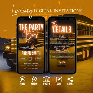 Digital VIP Party Bus Invitation, Boys Limo Birthday Party Invite, Orange Gaming Bus Evite For Men, Self Editable Itinerary Template eCard