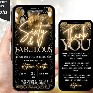 Digital 60 And Fabulous Birthday Invitation For Her, 60th Invite Evite, Animated Gold Sixty Party Invite For Him, Editable Thank You eCard