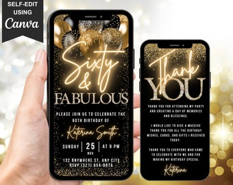 Digital 60 And Fabulous Birthday Invitation For Her, 60th Invite Evite, Animated Gold Sixty Party Invite For Him, Editable Thank You eCard