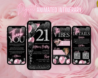 Invito digitale per il 21° compleanno, invito animato per ragazze rosa cipria per il 21° compleanno, invito elettronico Diamond, itinerario Vibes modificabile e biglietto elettronico di ringraziamento