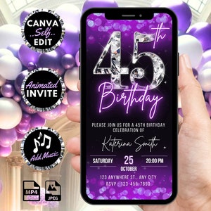 Digital 45th Birthday Invitation, Animated Purple Womens 45 Glam Diamond Invite For Her, Luxury Evite, Self Editable Video Template eCard