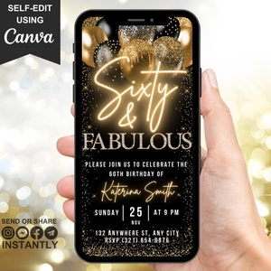 Digital 60 And Fabulous Birthday Invitation For Men, 60th Invite Ecard, Video Black Gold Sixty Party Invite For Him, Self Editable Template