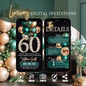 Green Gold 60th Birthday Invitation, Digital Animated Surprise Invite, Diamond Brunch Evite, Dinner Party Editable Template Ecard For Women