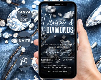 Digital Denim & Diamonds Flyer Invitation, Animated Birthday Dinner Party Invite, Cowgirl Denim Event Evite, Self Edit DIY Template eCard