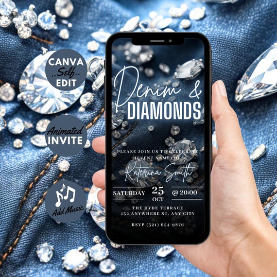 Digital Denim & Diamonds Flyer Invitation, Animated Birthday Dinner Party Invite, Cowgirl Denim Event Evite, Self Edit DIY Template eCard