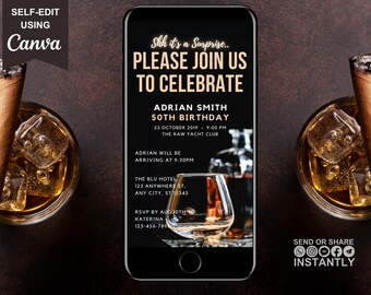 Digital Surprise 50th Birthday Invitation, Animated Mens Whiskey Invite, Shh Its A Surprise Evite For Him, Self Editable Template eCard