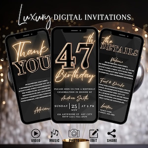 47th Birthday Party Invitation, Digital Black Gold Dinner Invite For Men, Black Tie Video Evite For Him, Self Edit Itinerary Template eCard