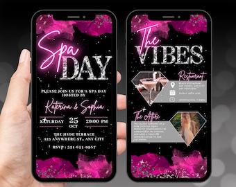 Invitación digital para un día de spa, invitación animada con manicura y pedicura en rosa intenso, invitación de cumpleaños para consentir a las niñas en una pijamada, tarjeta electrónica con itinerario autoeditable