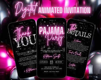 Digital Pajama Party Birthday Invitation, Animated PJs Fun Night Invite, Pink Bachelorette Ladies Evite, Editable Itinerary eCard Bundle