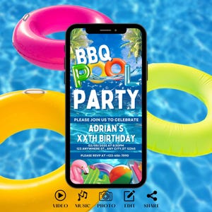 Digital BBQ Pool Party Invitation, Tropical Summer Birthday Evite, Video Invite For Teens, Adults. Self Editable DIY Grill Ecard Template.