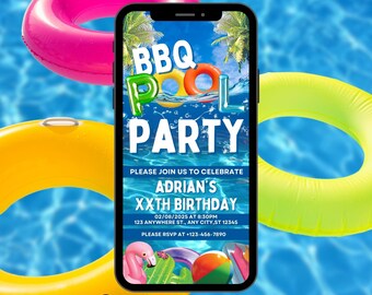 Digital BBQ Pool Party Invitation, Tropical Summer Birthday Evite, Video Invite For Teens, Adults. Self Editable DIY Grill Ecard Template.