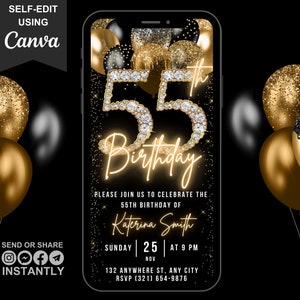 May include: A black and gold digital invitation with a glittery background. The invitation features a large number 55 with diamonds, the words "55th Birthday", and the name "Katerina Smith".