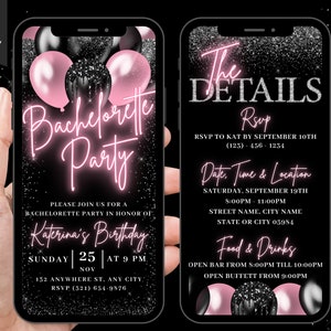 Puede incluir: Un fondo de teléfono negro y plateado con purpurina con texto rosa neón que dice "Bachelorette Party" y "The Details". El texto incluye la fecha, la hora y la ubicación de la fiesta, así como la información de RSVP.