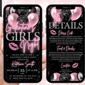 Digitale Galentines Girls Party Night Einladung, animierte Valentinstag Abendessen einladen, Pink Cocktail Evite, selbst bearbeitbare Reiseplan eCard