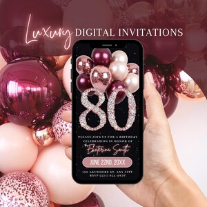 Digital 80th Birthday Invitation, Rose Gold Burgundy Dinner Invite For Women, Brunch Eighty Evite, Self Editable DIY Template Ecard For Her
