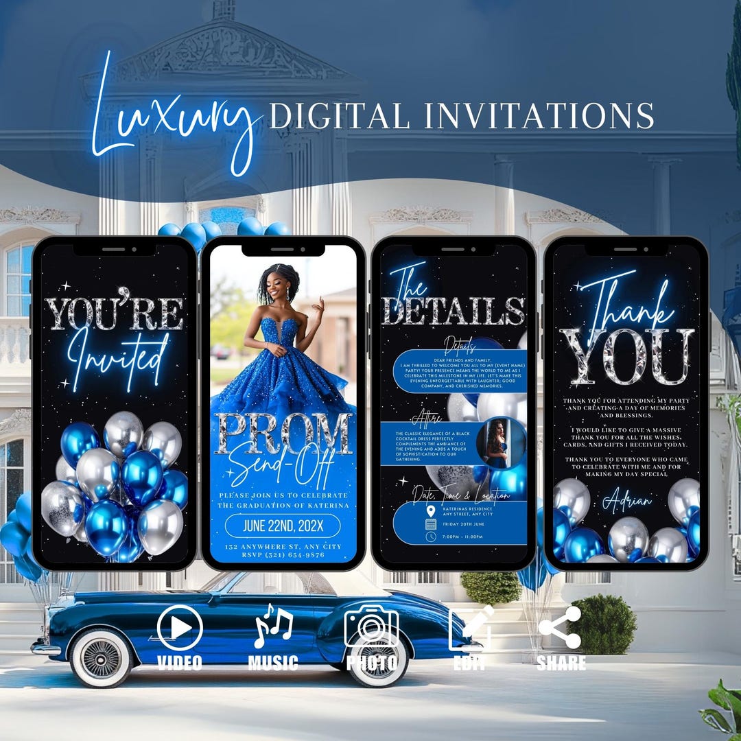 Digital Blue Prom Send off Invitation, Prom Party Invite, Animated ...