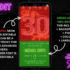 Op de afbeelding: Een digitale uitnodigingstemplate voor een 30e verjaardagsfeest. De template heeft een rood neonbord met het nummer 30 en het woord "Verrassing!" De achtergrond is groen en bevat bewerkbare tekstvelden voor de naam, datum, tijd en locatie van het feest.