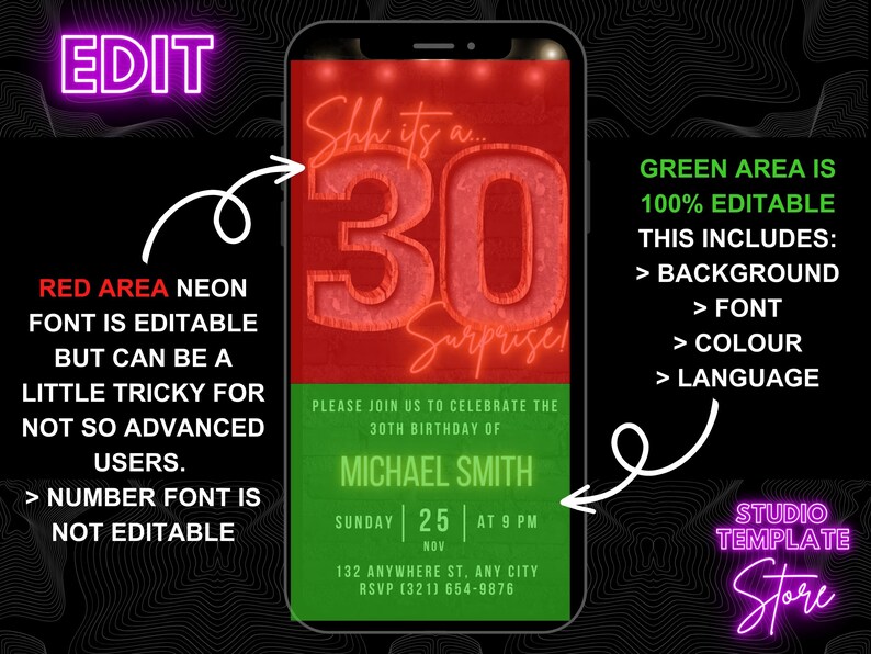 Op de afbeelding: Een digitale uitnodigingstemplate voor een 30e verjaardagsfeest. De template heeft een rood neonbord met het nummer 30 en het woord "Verrassing!" De achtergrond is groen en bevat bewerkbare tekstvelden voor de naam, datum, tijd en locatie van het feest.