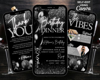 Bearbeitbare Geburtstagseinladung, Black Tie Glam Invite, Black Silver Diamond Animated Evite