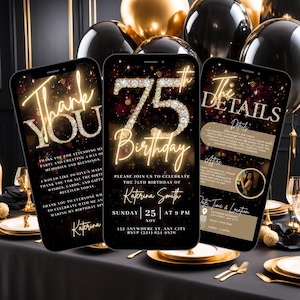 May include: Three smartphones displaying digital birthday invitations. The central phone shows "75th Birthday" with a diamond-like font. The other phones display "Thank You" and event details. Gold and black balloons and tableware are in the background.