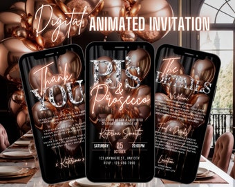 May include: Three digital phone screen mockups with a black background and rose gold balloons. The text on the screens reads "Thank You", "PJ's & Prosecco", and "The Details".