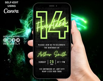 Digital 14th Birthday Party Green Neon Invitation, Electronic Phone Text Message Evite, Editable Animated Template Invite For Boys And Girls