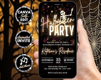 Digital Halloween Party Invitation, Animated Dancing Skeleton Party Video Invite, Gold Horror eCard, Self Editable DIY Template eCard