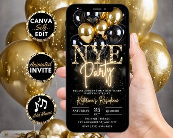 Digital NYE 2025 Invitation, Animated New Years Eve Party Invite, Black Gold Phone Celebration Video Evite, Self Editable Template DIY eCard