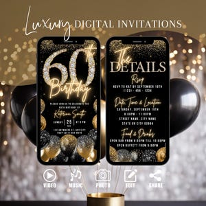 Digital 60th Birthday Invitation, 60th Evite For Women, Gold Diamond Video Party Invite For Black Tie Gala, Editable Itinerary eCard For Men