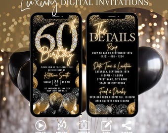 Digitale 60. Geburtstagseinladung, 60. Evite für Frauen, Gold Diamond Video Party einladen für Black Tie Gala, bearbeitbare Reiseplan-eCard für Männer