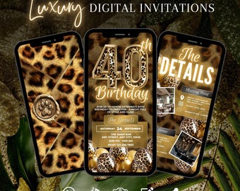 Invito per il 40° compleanno delle donne, modello di invito digitale per feste con stampa leopardata in oro
