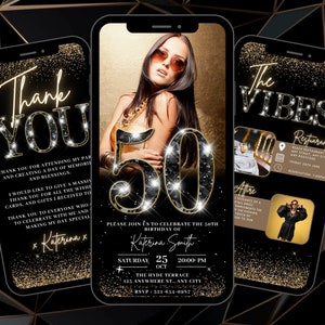 Faire-part d'anniversaire numérique avec photo pour les 50 ans, invitation animée de diamants glamour en or noir, image de luxe Evite, itinéraire modifiable et carte électronique de remerciement