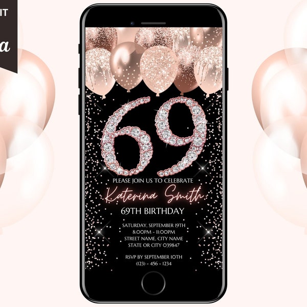 Digital 69th Birthday Invitation, Electronic 69th Birthday Party Invite, Rose Gold Diamonds, Text Evite, Instant Download, Editable Template