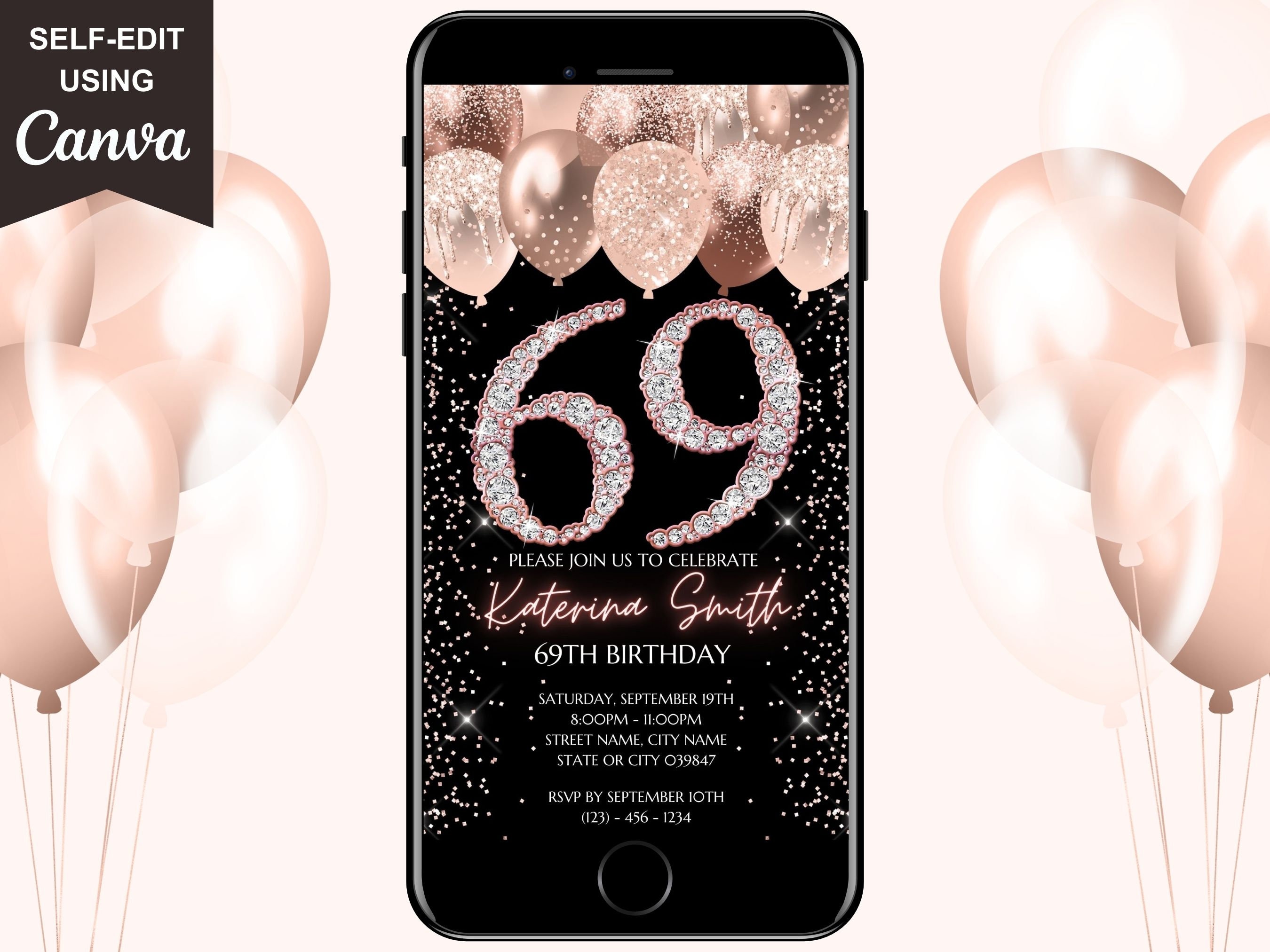 Digital 69th Birthday Invitation, Electronic 69th Birthday Party Invite ...