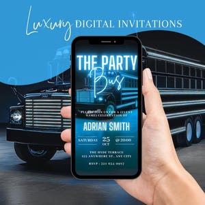 Digital VIP Party Bus Invitation, Boys Limo Birthday Party Invite, Blue Bus Evite For Men, Party Bus Evite, Self Edit Template eCard