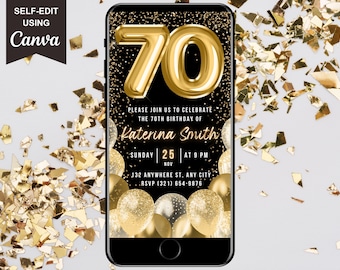 70th Birthday Digital Invitation, Electronic 70th Birthday Party Invite, Gold Modern Animated Text Evite, Instant Download Editable Template