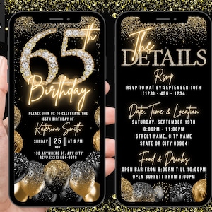 Digital 65th Birthday Invitation, 65th Ecard, Black Gold Silver Balloon Diamond Video Party Invite For Black Tie Gala, Editable Itinerary