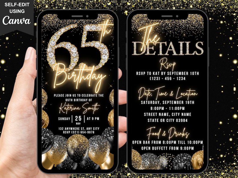 Digital 65th Birthday Invitation, 65th Ecard, Black Gold Silver Balloon ...