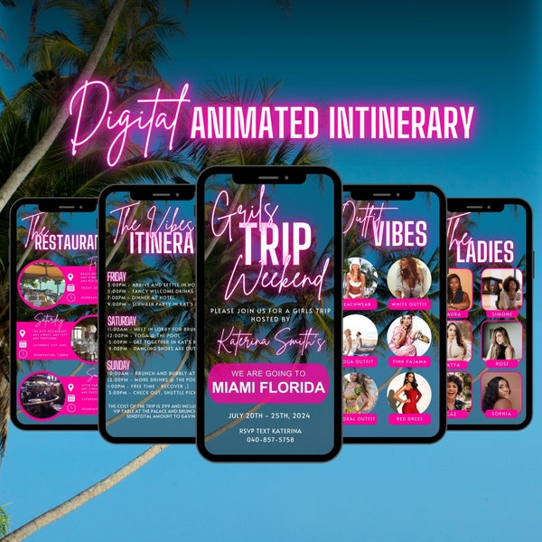 Digital Girls Weekend Trip Invitation, Animated Birthday Travel Itinerary Invite, Pink Miami Florida Vacation Evite, Self Editable Template