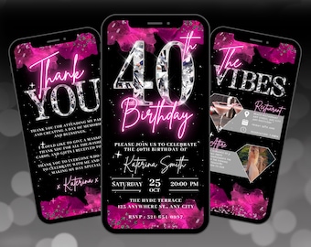 Digital 40th Birthday Invitation, Animated Hot Pink Womens 40th Diamond Invite For Her, Luxury Evite, Editable Itinerary & Thank You eCard