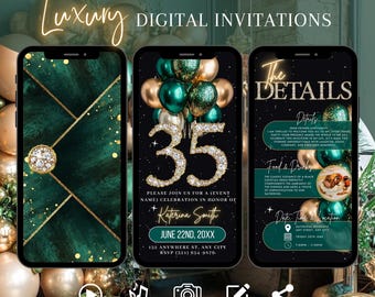Green Gold 35th Birthday Invitation, Digital Envelope Animated Invite, Diamond Brunch Evite, Dinner Party Editable Template Ecard For Women