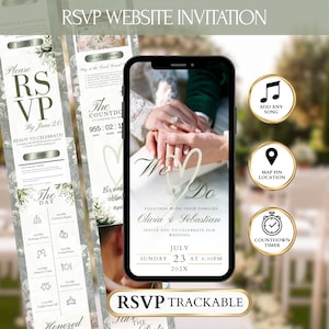 May include: A digital wedding invitation on a smartphone screen, featuring the words "We Do" and event details. The invitation includes RSVP information, a countdown timer, and map pin location. The design is elegant with floral accents.