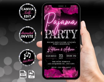 Digital Pajama Party Birthday Invitation, Animated PJs Fun Girls Night Invite, Hot Pink Bachelorette Evite, Self Editable Template eCard