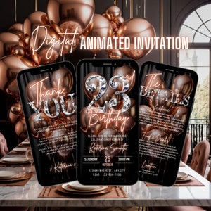 Faire-part numérique pour le 23e anniversaire, invitation à un dîner animé pour femmes, Evite pour brunch avec diamants en or rose, lot de cartes électroniques modifiables