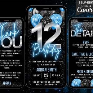 Faire-part numérique 12e anniversaire pour garçons, invitation 12e anniversaire, animation Evite bleu néon 12 ans, itinéraire modifiable et carte électronique de remerciement