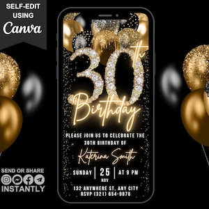 Digital 30th Birthday Invitation For Men, 30th Invite Ecard, Video Black Gold Balloon Diamond Thirty Party Invite For Him, Editable Template