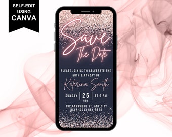 Cyfrowe zaproszenie na imprezę Save the Date, różowo-różowy, neonowy różowy telefon z wiadomością tekstową, edytowalny szablon, natychmiastowe pobranie